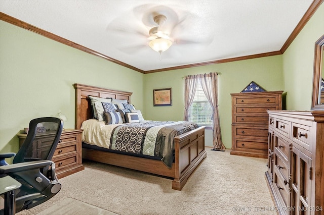 bedroom with ceiling fan, ornamental molding, and light carpet