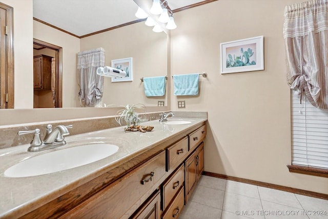 bathroom with tile patterned flooring, vanity, and ornamental molding