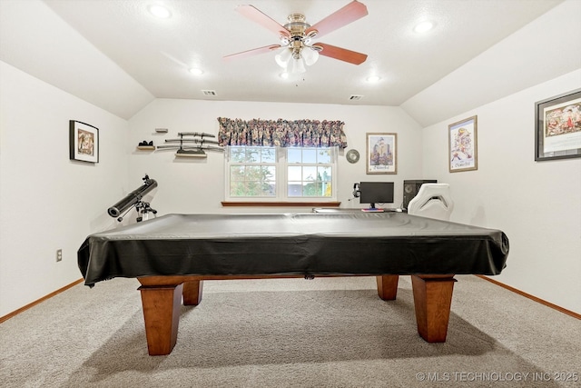 playroom featuring lofted ceiling, pool table, carpet, and ceiling fan