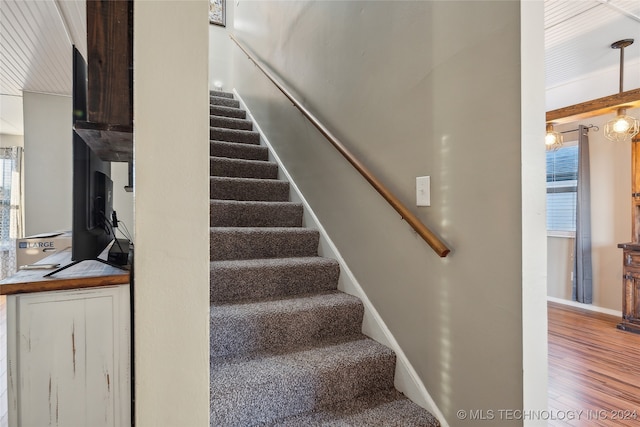 stairway with hardwood / wood-style flooring