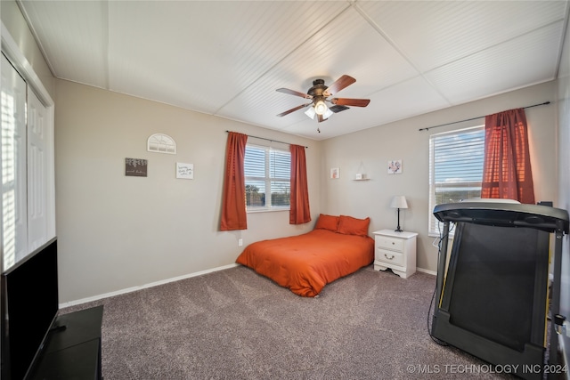 bedroom with a closet, carpet flooring, and ceiling fan