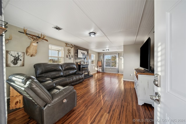 living room with dark hardwood / wood-style flooring