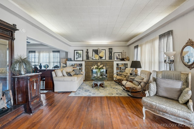 living room featuring dark wood-type flooring