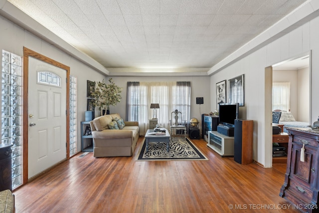 living room with a healthy amount of sunlight and dark hardwood / wood-style floors