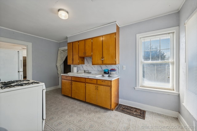 kitchen featuring white appliances, sink, decorative backsplash, and ornamental molding