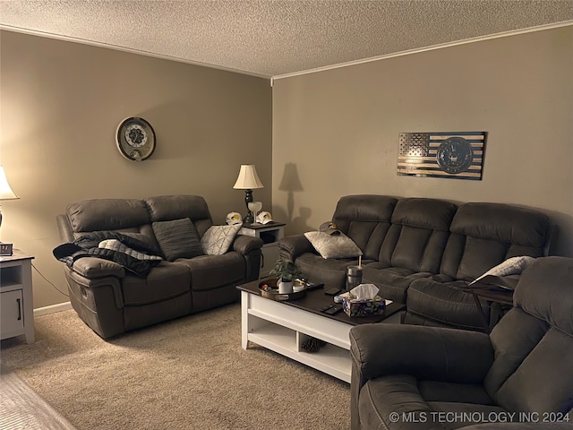 carpeted living room featuring a textured ceiling and crown molding