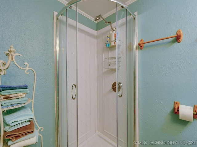 bathroom featuring a shower with shower door and ornamental molding