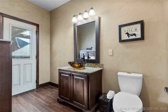 bathroom with wood-type flooring, vanity, and toilet