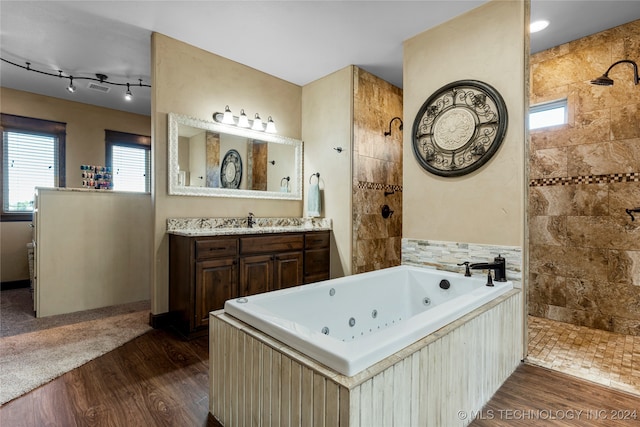 bathroom featuring vanity, hardwood / wood-style flooring, a healthy amount of sunlight, and plus walk in shower