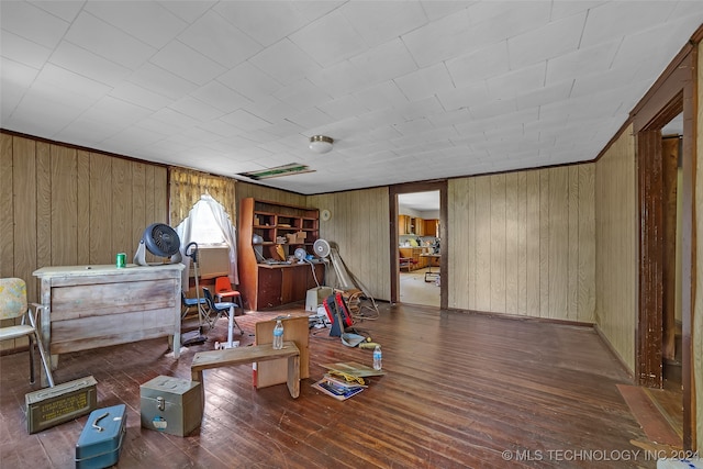 interior space featuring hardwood / wood-style floors and wood walls