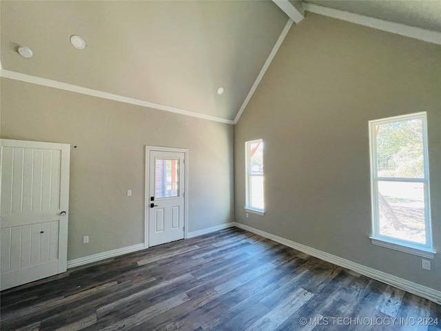 entryway featuring dark wood-type flooring, a healthy amount of sunlight, and vaulted ceiling with beams