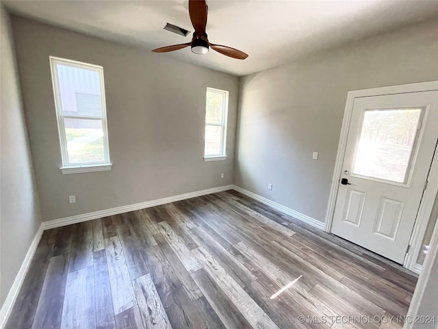 empty room featuring a wealth of natural light, wood-type flooring, and ceiling fan