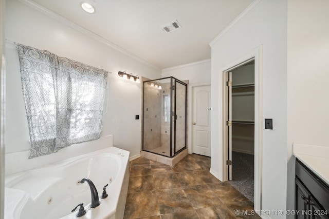 bathroom with ornamental molding, shower with separate bathtub, and vanity