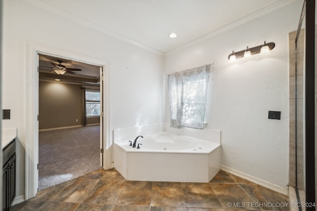 bathroom with a tub, ceiling fan, vanity, and ornamental molding