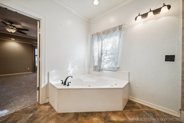 bathroom featuring a washtub, ceiling fan, and ornamental molding