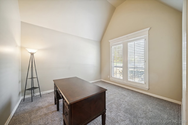 home office featuring carpet flooring and lofted ceiling