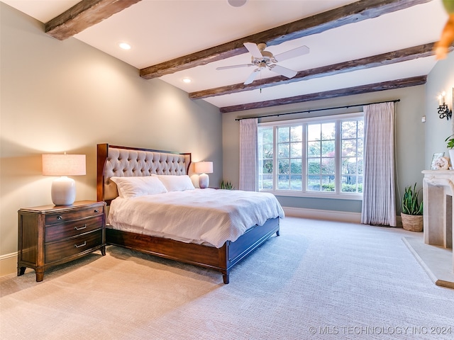 bedroom with baseboards, beam ceiling, light carpet, recessed lighting, and a ceiling fan