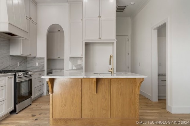 kitchen featuring stainless steel stove, decorative backsplash, custom exhaust hood, and an island with sink