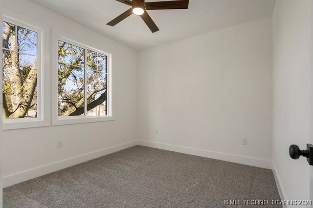 spare room featuring carpet, plenty of natural light, and ceiling fan