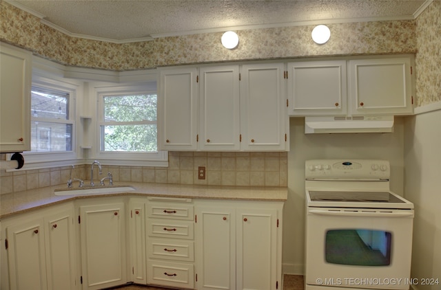 kitchen featuring sink, ornamental molding, a textured ceiling, white cabinets, and electric stove