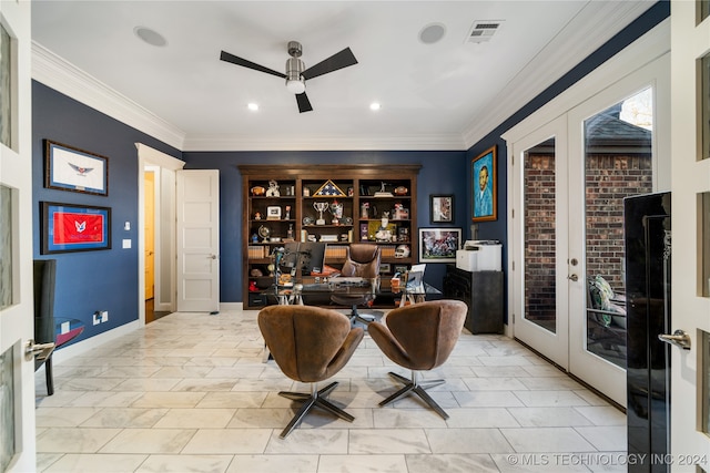 office space featuring french doors, ceiling fan, and crown molding