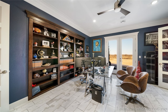 home office with french doors, ceiling fan, and crown molding