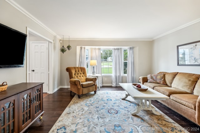 living room with dark hardwood / wood-style floors and crown molding