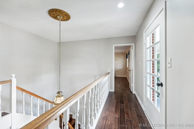 hallway with dark hardwood / wood-style flooring