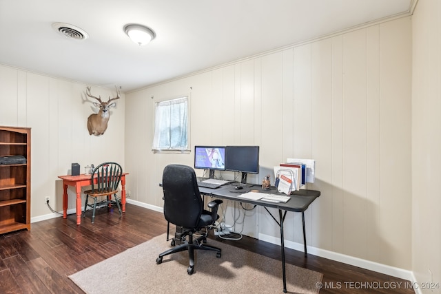 office with dark hardwood / wood-style flooring