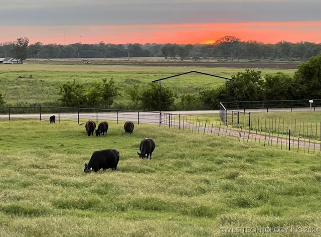 yard at dusk featuring a rural view