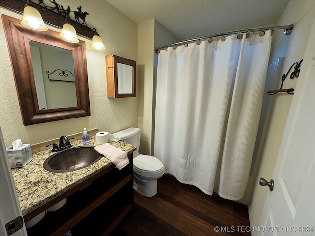 bathroom with vanity, toilet, and wood-type flooring