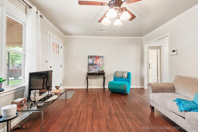 living room with dark hardwood / wood-style flooring, ceiling fan, and ornamental molding