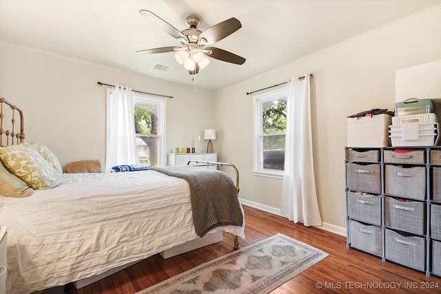 bedroom with hardwood / wood-style flooring, ceiling fan, multiple windows, and ornamental molding