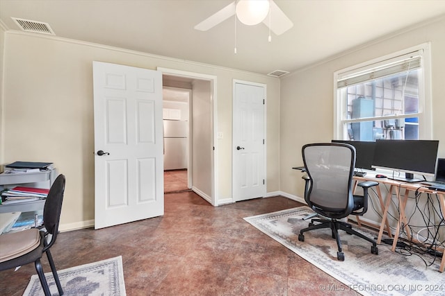 home office with ornamental molding and ceiling fan