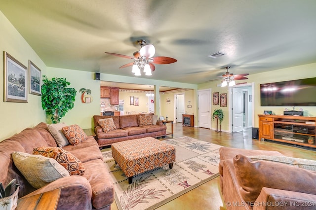 living room with ceiling fan