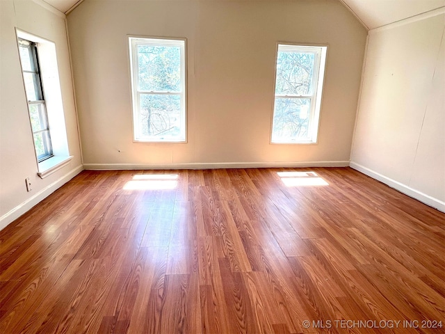 empty room featuring a wealth of natural light, lofted ceiling, and hardwood / wood-style flooring