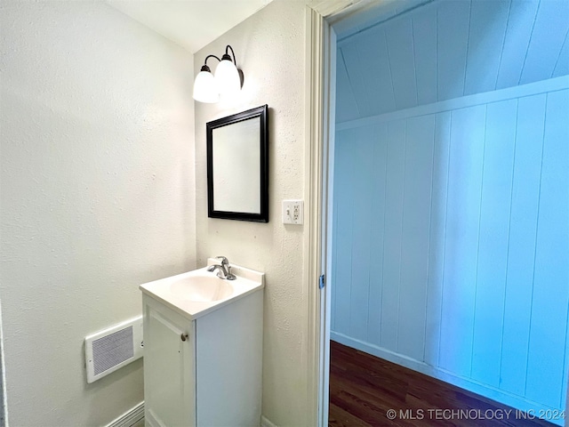 bathroom with hardwood / wood-style flooring and vanity