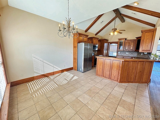 kitchen featuring vaulted ceiling with beams, appliances with stainless steel finishes, hanging light fixtures, kitchen peninsula, and ceiling fan with notable chandelier