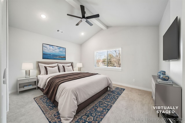 carpeted bedroom featuring vaulted ceiling with beams and ceiling fan