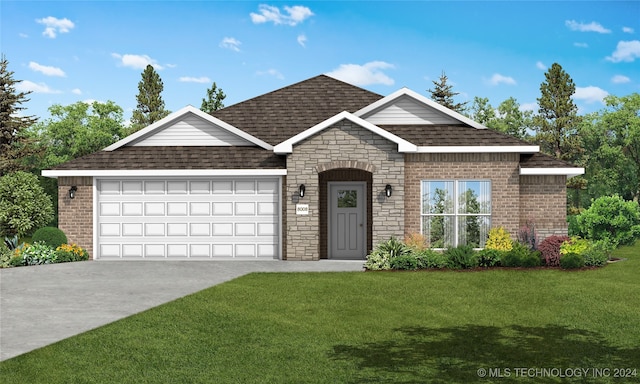 view of front of property with roof with shingles, an attached garage, driveway, and a front lawn