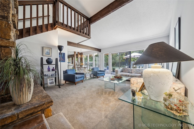 carpeted living room with vaulted ceiling and an inviting chandelier