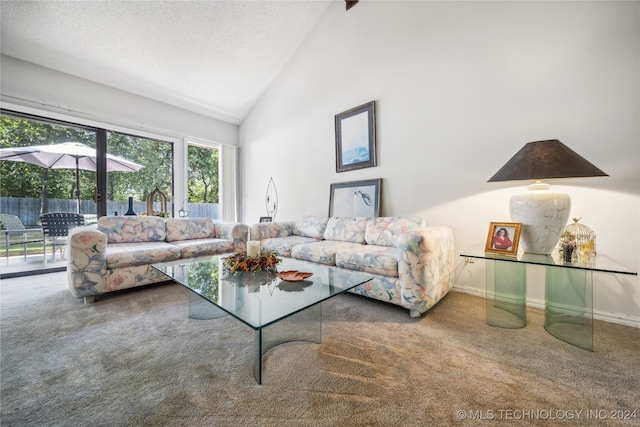 living room featuring carpet floors, a textured ceiling, and high vaulted ceiling