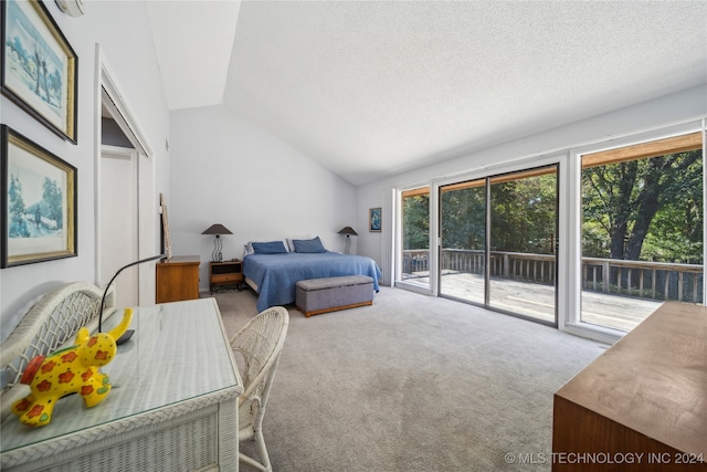 bedroom featuring carpet flooring, a textured ceiling, access to outside, and vaulted ceiling