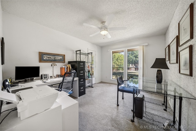 office space featuring carpet flooring, ceiling fan, and a textured ceiling