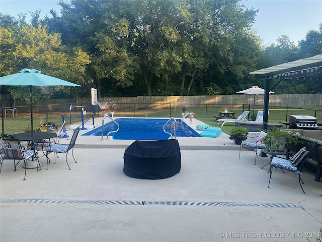 view of swimming pool with a patio area and a lawn