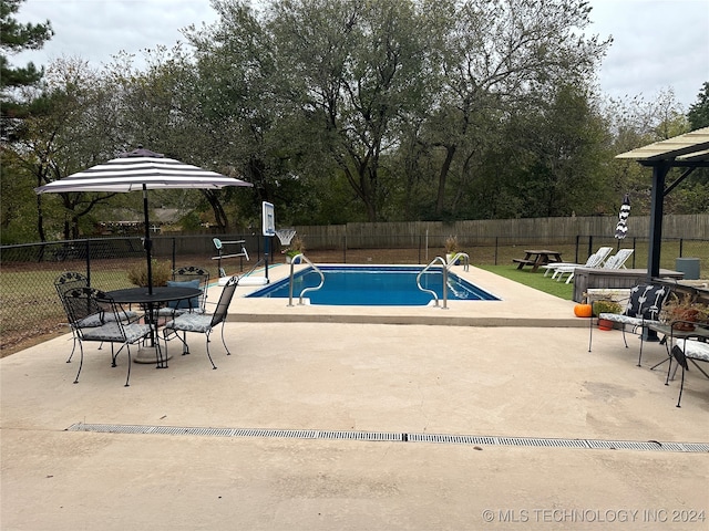 view of swimming pool with a lawn and a patio