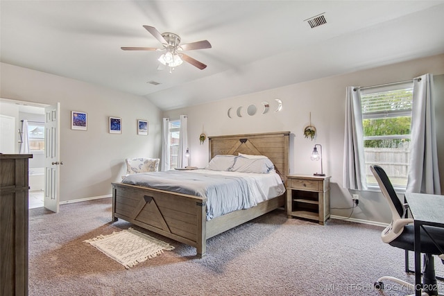 bedroom with carpet, vaulted ceiling, and ceiling fan