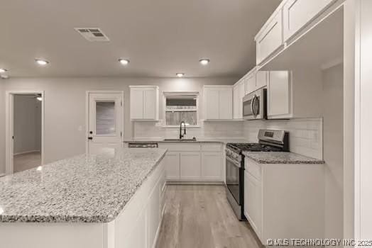 kitchen with stainless steel appliances, a sink, visible vents, white cabinetry, and a center island