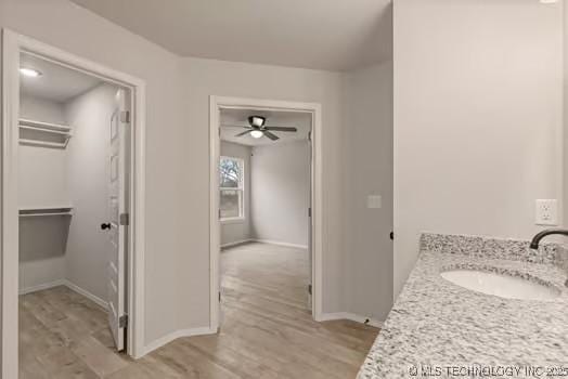 bathroom with baseboards, a walk in closet, wood finished floors, and vanity