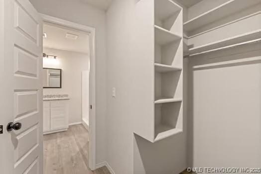 walk in closet with light wood finished floors